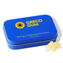 Greco Gum tin front view showing brand and compact travel benefit