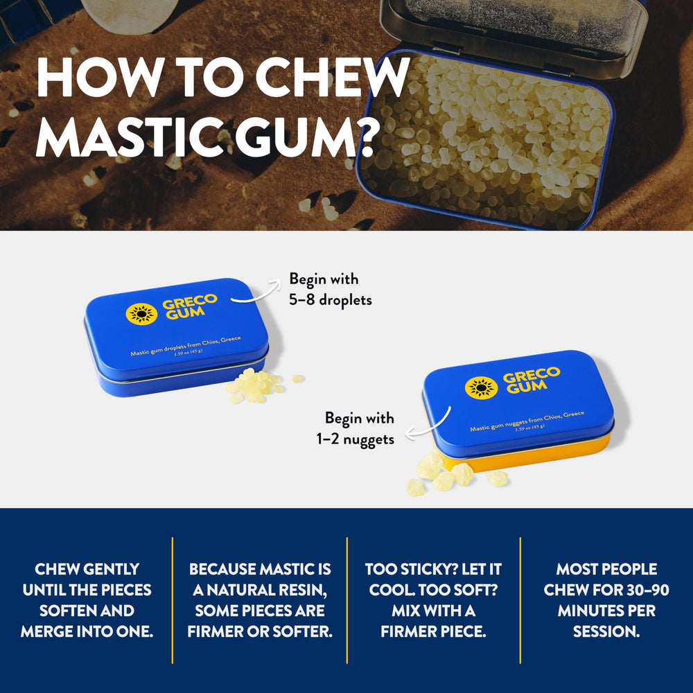 Greco Gum open tin with resin pieces for easy portioning benefit