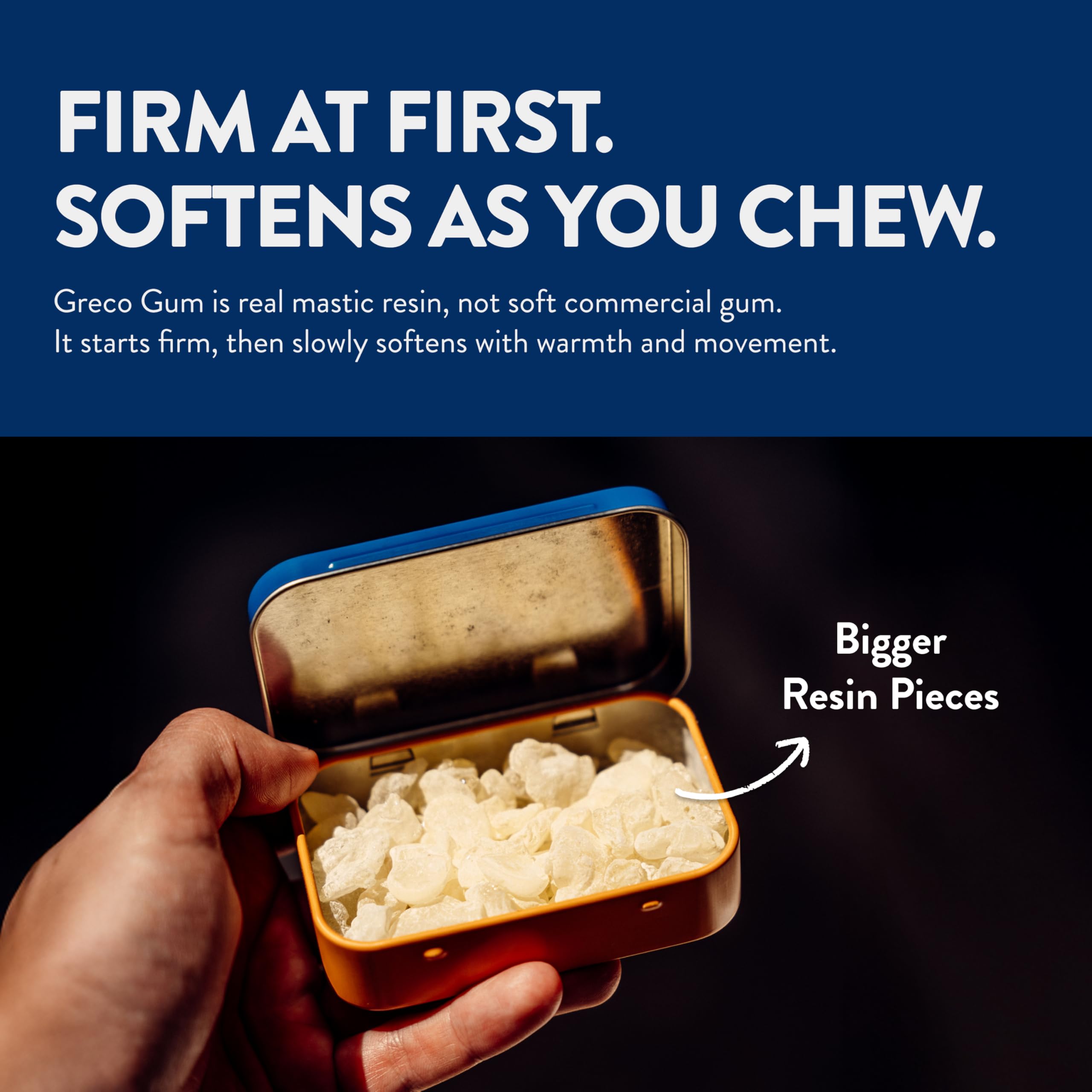 Open Greco Gum tin with visible mastic nuggets offering portable fresh chew