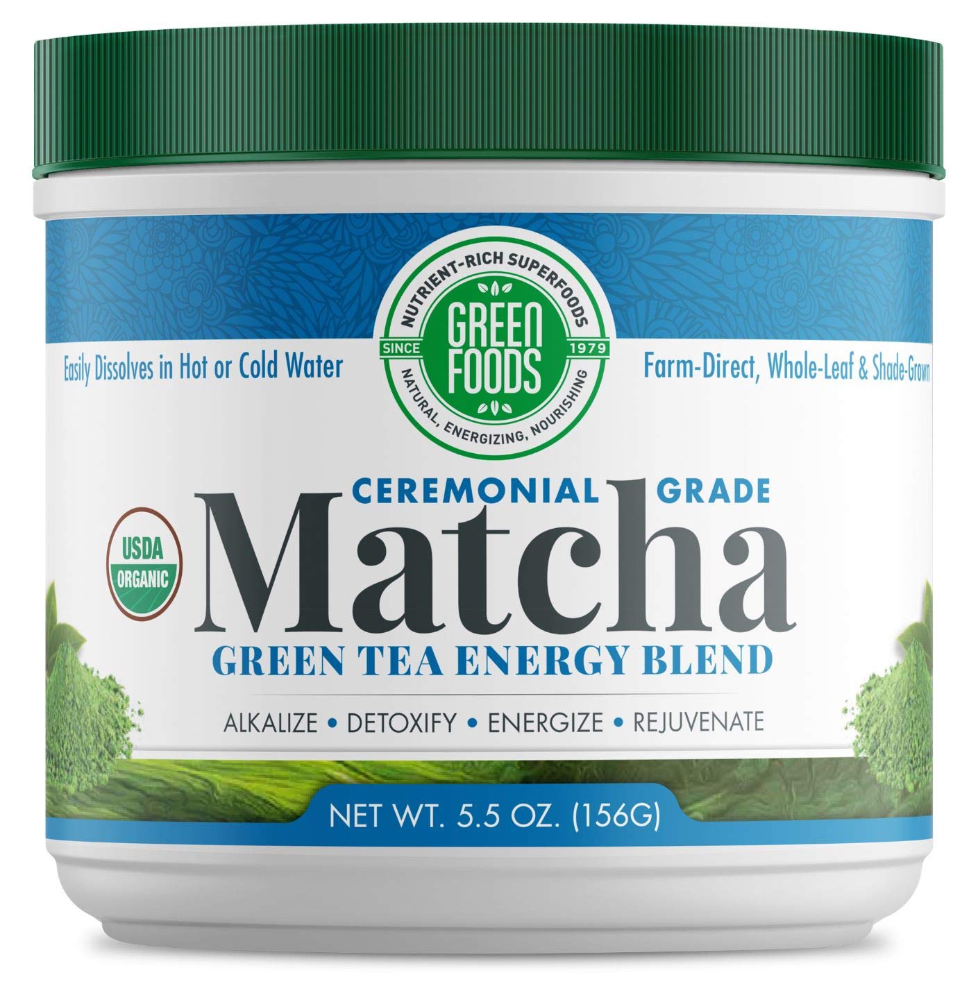 Green Foods front packaging showing organic ceremonial matcha for authentic flavor