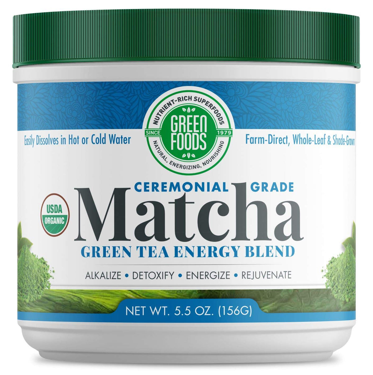 Green Foods front packaging showing organic ceremonial matcha for authentic flavor