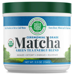 Green Foods front packaging showing organic ceremonial matcha for authentic flavor