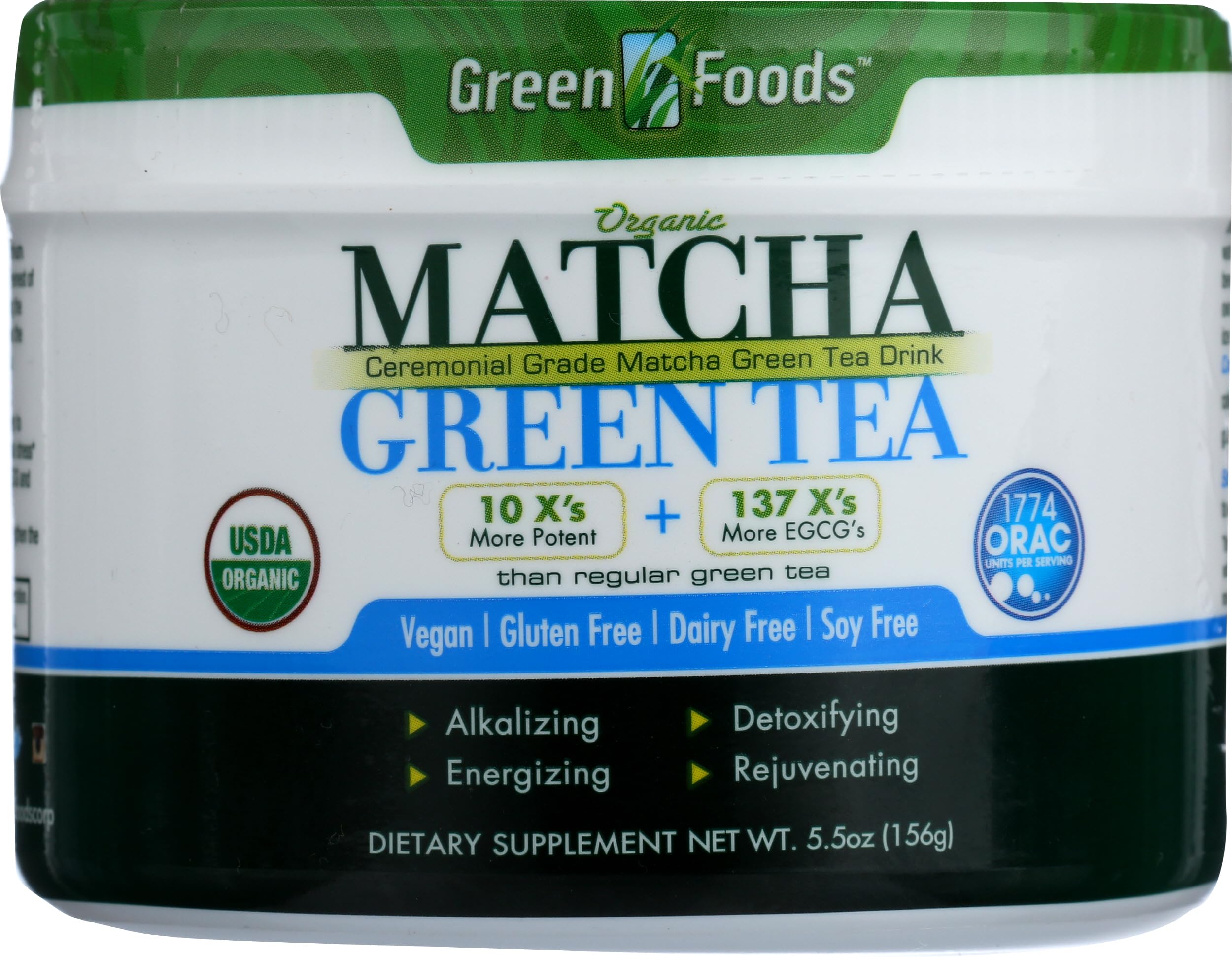 Green Foods matcha latte in glass mug illustrating creamy blend and vivid green