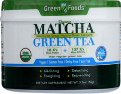 Green Foods matcha latte in glass mug illustrating creamy blend and vivid green