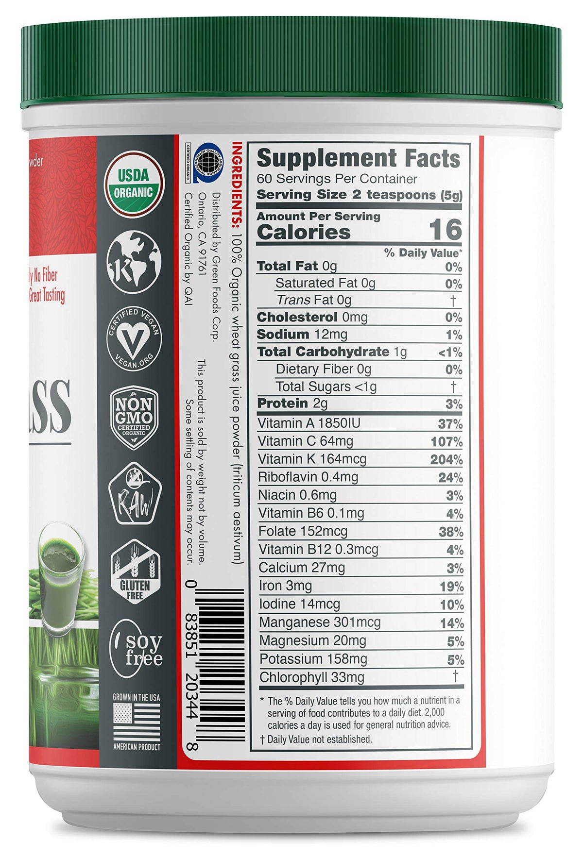 Green Foods front packaging showing organic label and powder benefits