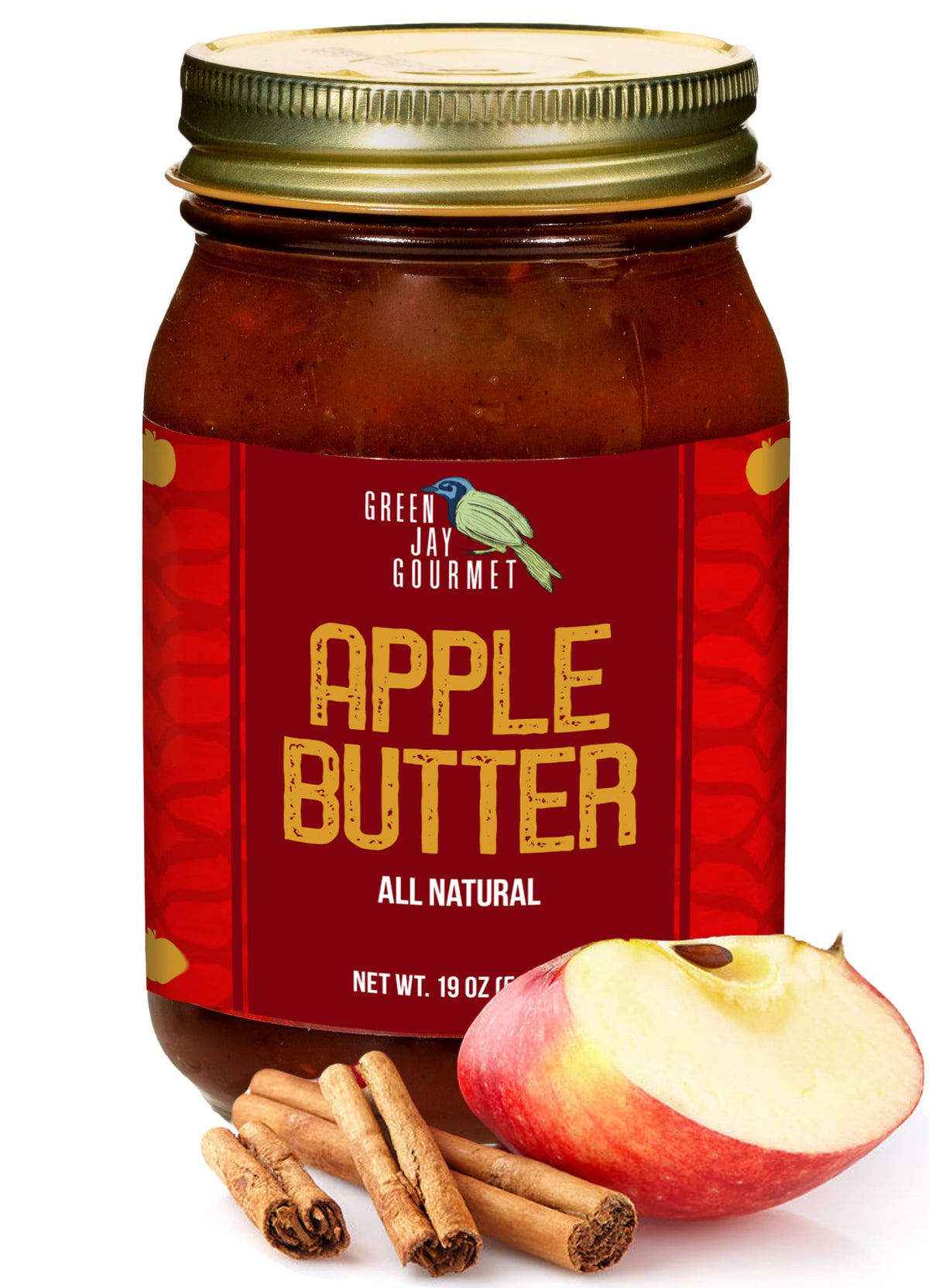 Green Jay Gourmet jar front label showing classic apple butter benefit of rich flavor