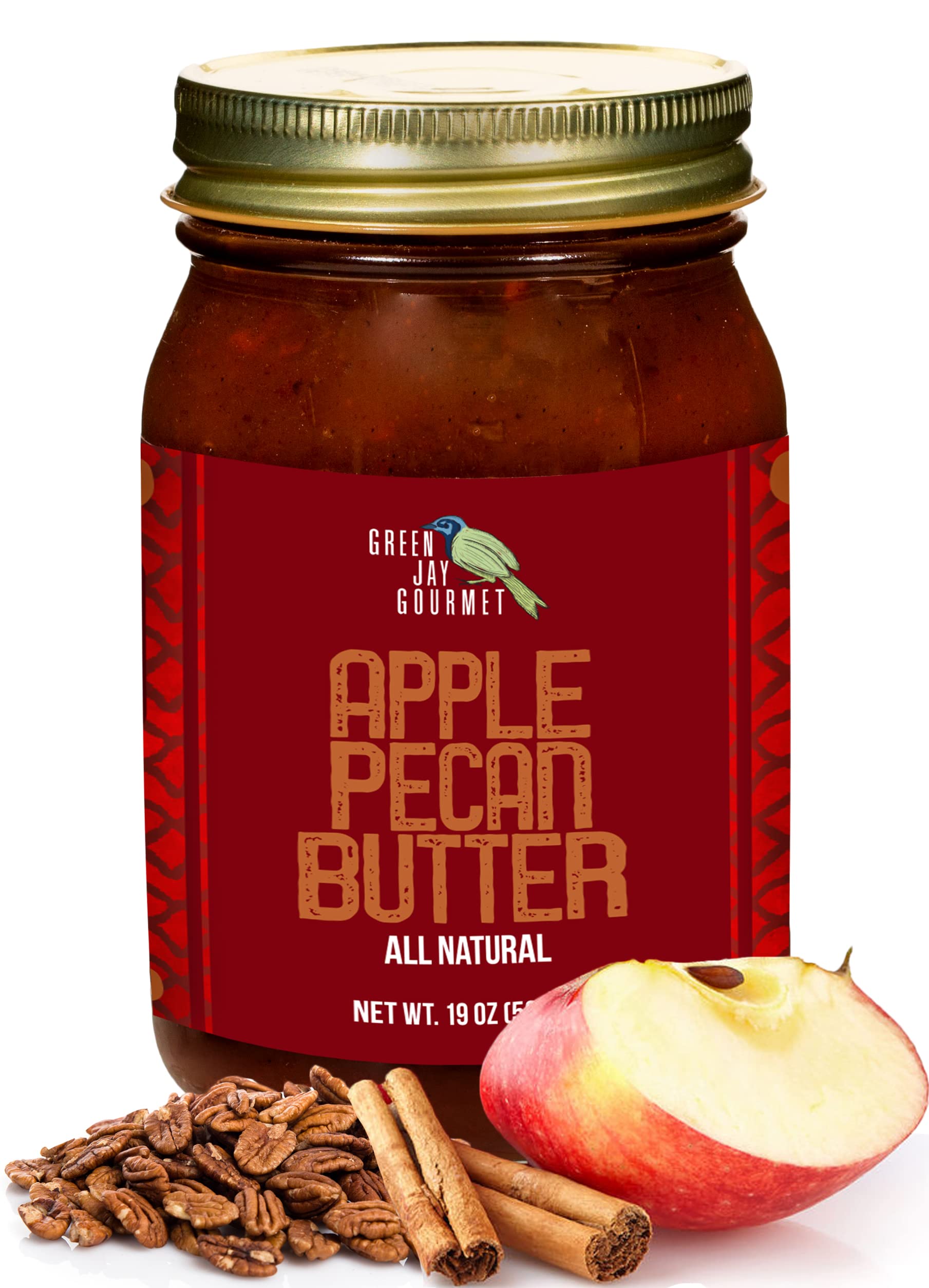 Green Jay Gourmet jar front view showing rich apple-pecan spread and premium packaging