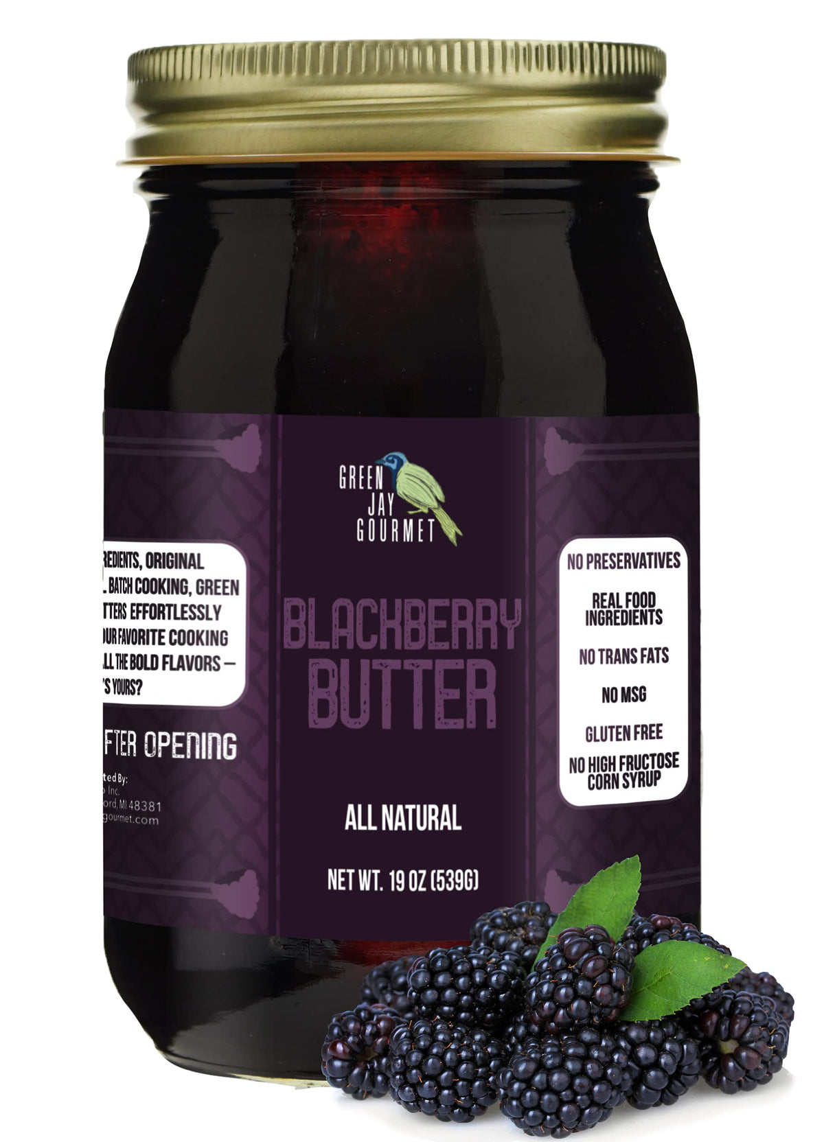 Green Jay Gourmet jar front label showing blackberry butter and premium quality
