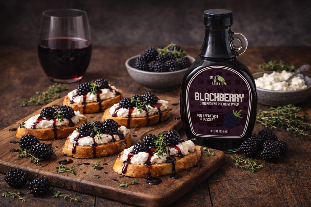 Green Jay Gourmet syrup poured over pancakes adding fruity sweetness