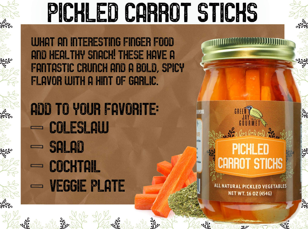 Green Jay Gourmet pickled carrot sticks tossed in a salad, adding bright flavor and crunchy contrast