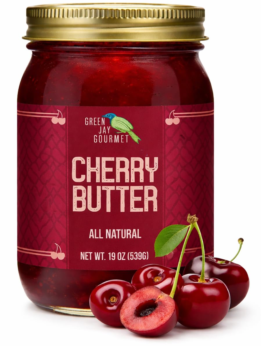 Green Jay Gourmet jar front view showing cherry butter and clear labeling for gift appeal