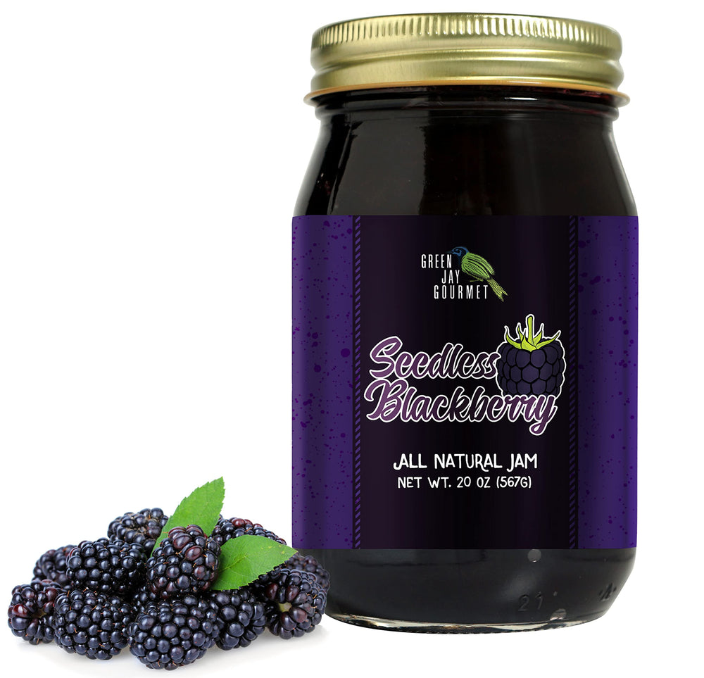 Green Jay Gourmet front label on 20 oz seedless blackberry jam showcasing premium packaging and quality