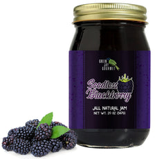 Green Jay Gourmet front label on 20 oz seedless blackberry jam showcasing premium packaging and quality