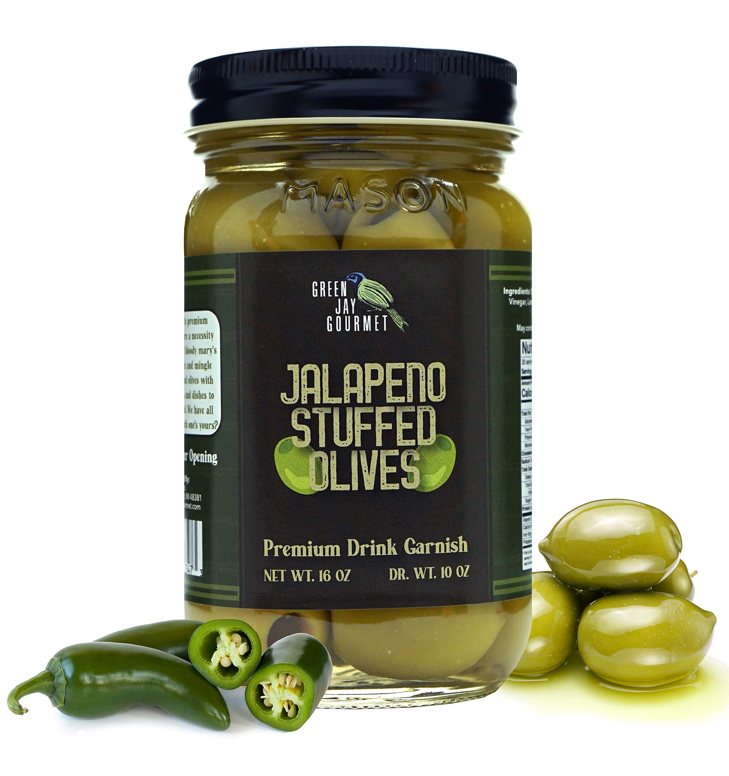 Green Jay Gourmet front packaging showing large jalapeño stuffed olives for bold garnish