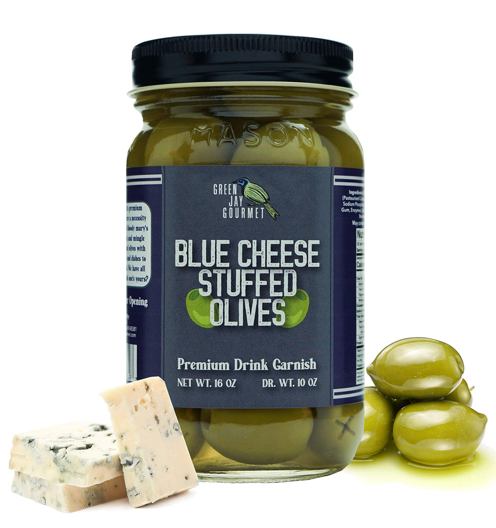 Green Jay Gourmet jar front view highlighting large stuffed olives and premium packaging