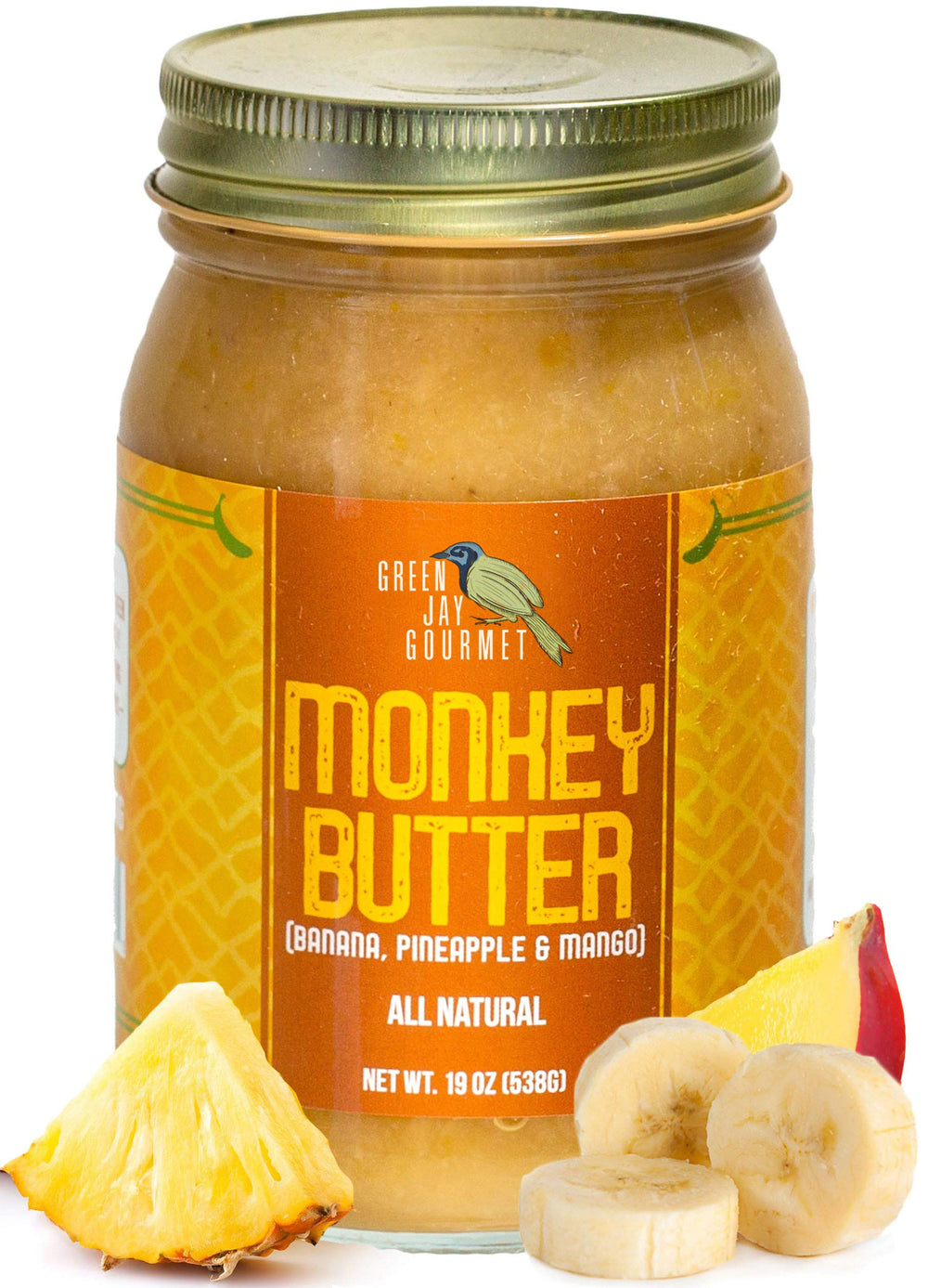 Green Jay Gourmet front jar showing label and tropical appeal for vibrant flavor