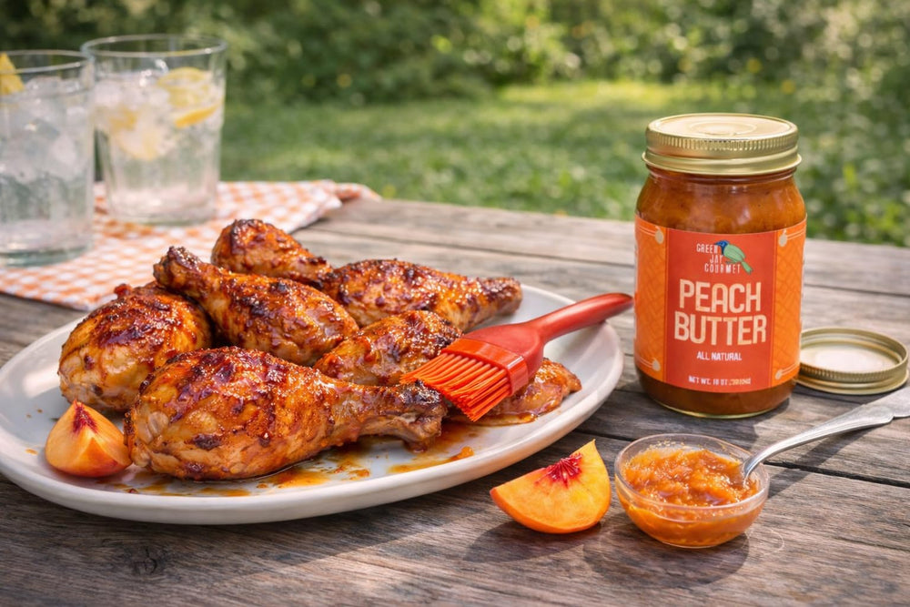 Label detail on Green Jay Gourmet jar emphasizing handcrafted small-batch quality benefit