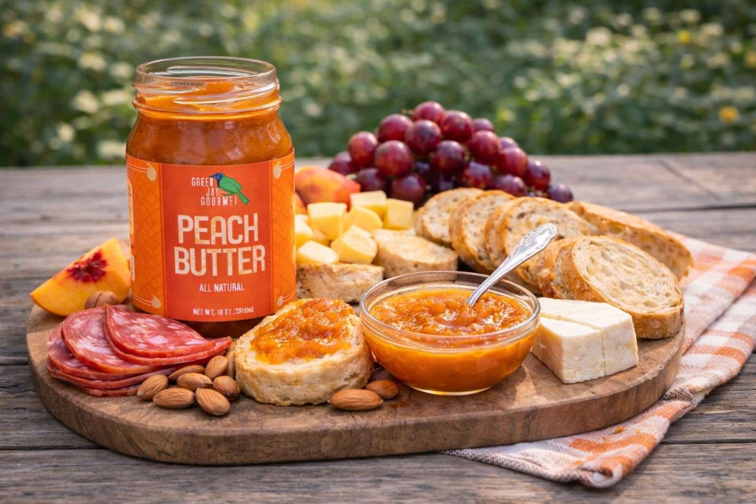 Close-up texture of Green Jay Gourmet peach butter showing velvety consistency benefit
