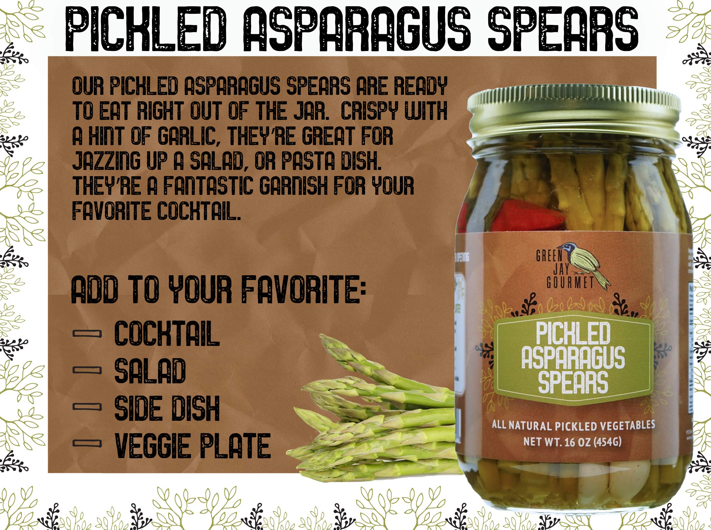 Green Jay Gourmet pickled asparagus served on a charcuterie board adding savory crunch