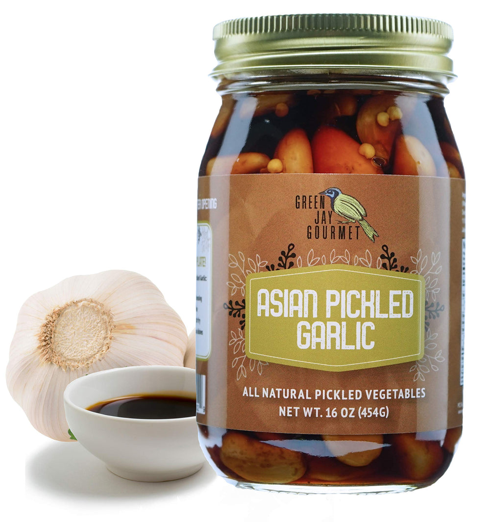 Green Jay Gourmet front jar view showing label and garlic cloves, convenient pantry staple