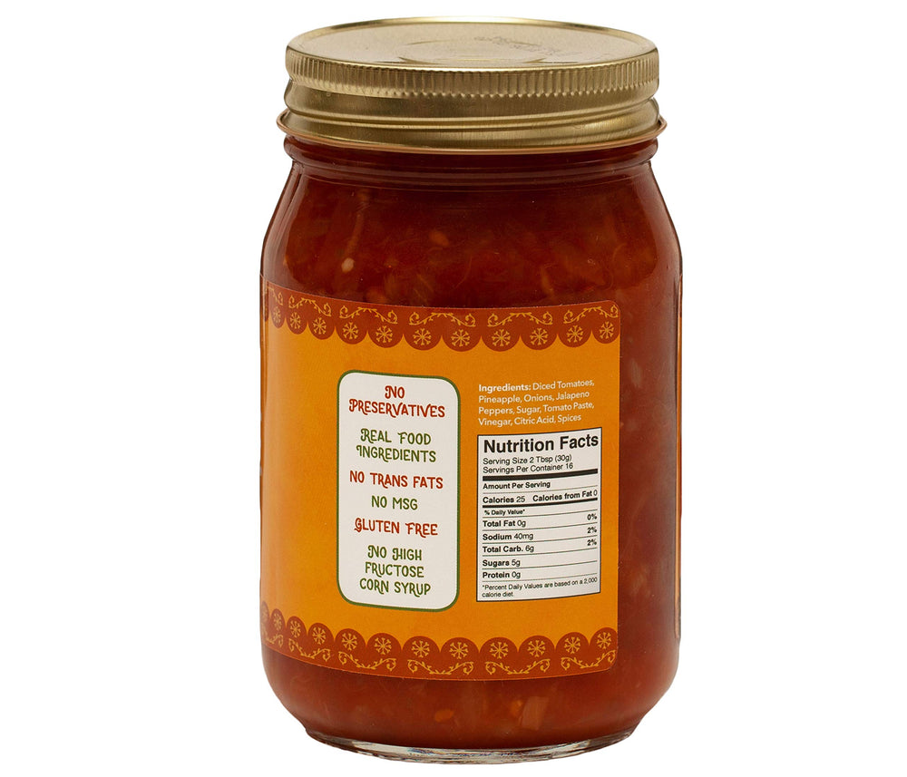Green Jay Gourmet salsa close-up highlighting chunky pineapple texture and fresh flavor