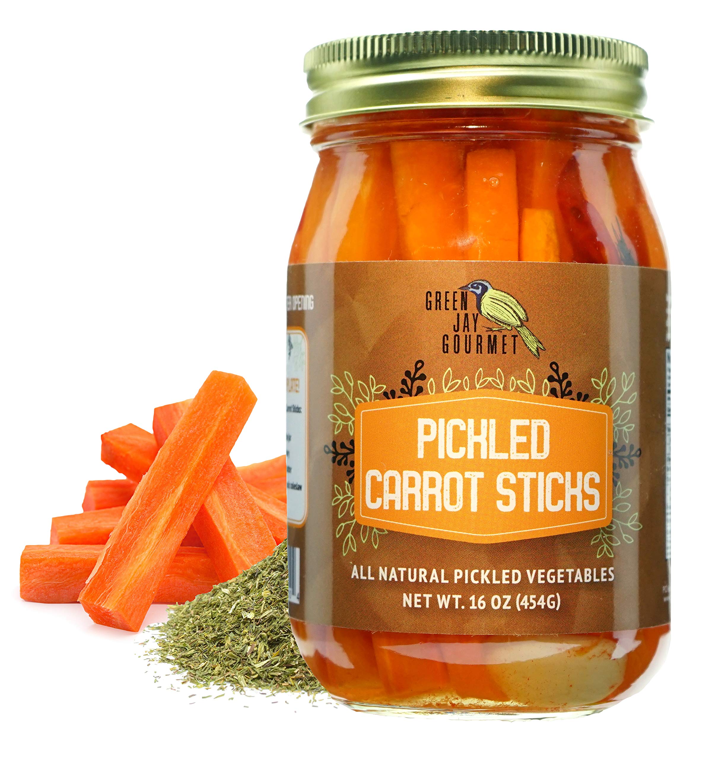 Green Jay Gourmet front jar view showing pickled carrot sticks and label, highlights ready-to-eat convenience