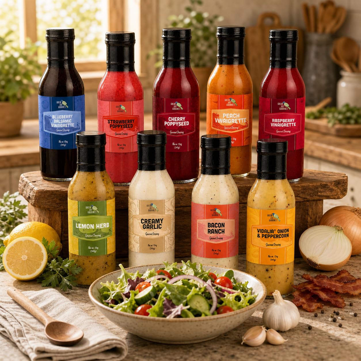 Green Jay Gourmet 12 fl oz bottle next to a bowl showing size and pantry fit