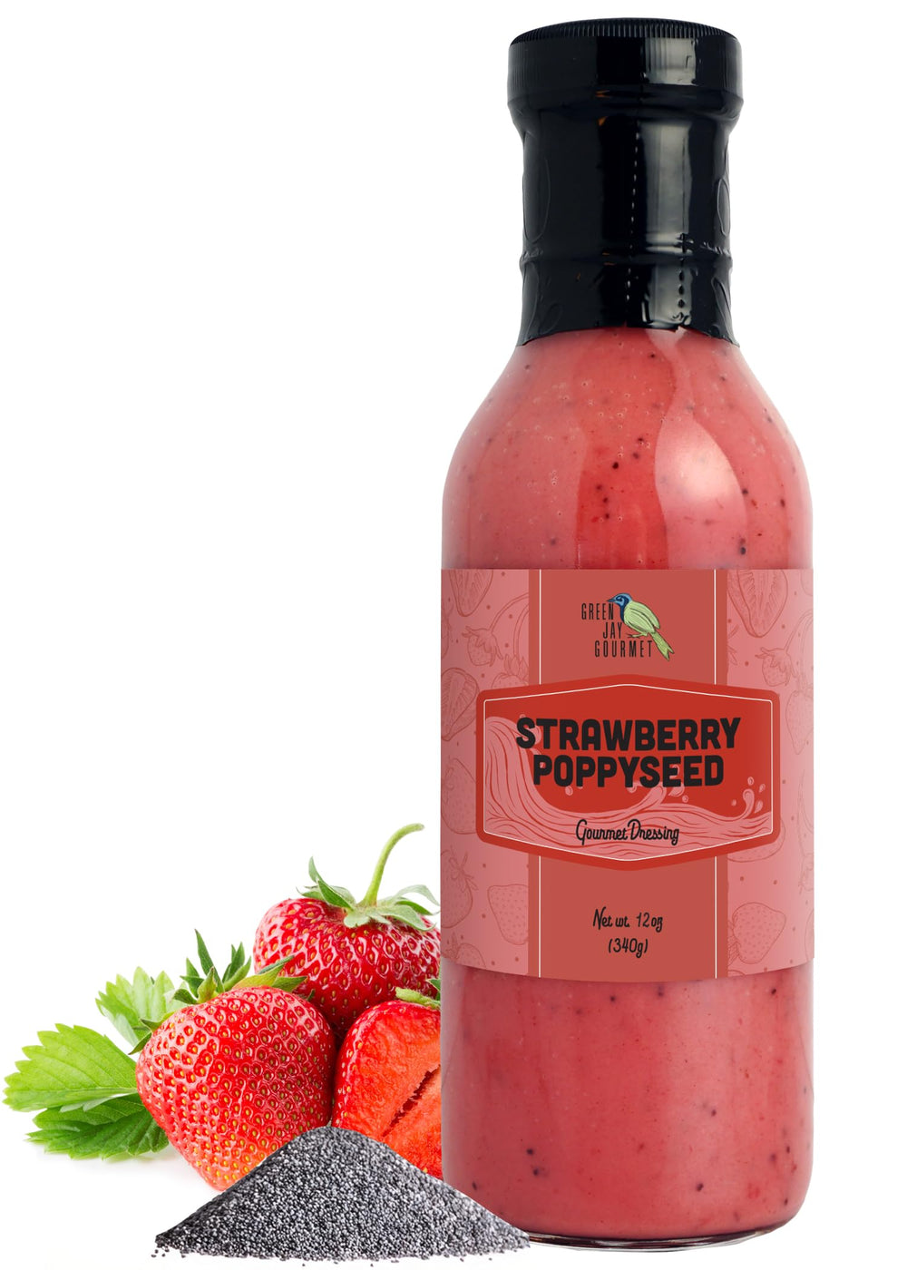 Green Jay Gourmet bottle front view showing strawberry poppyseed dressing benefits