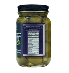 Close-up of Green Jay Gourmet olive showing blue cheese filling and creamy texture benefit