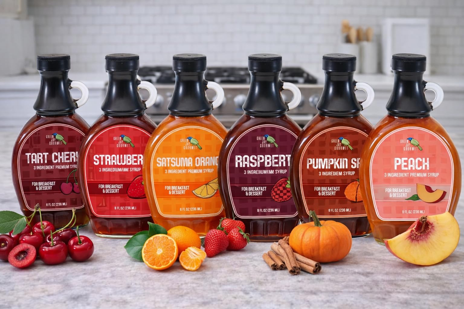 Green Jay Gourmet syrup on a breakfast table creating gourmet presentation
