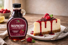 Green Jay Gourmet syrup poured over pancakes adding vibrant fruity flavor