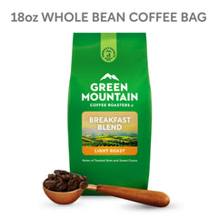 Green Mountain Coffee Roasters open bag with beans spilling, showing whole-bean quality and convenience