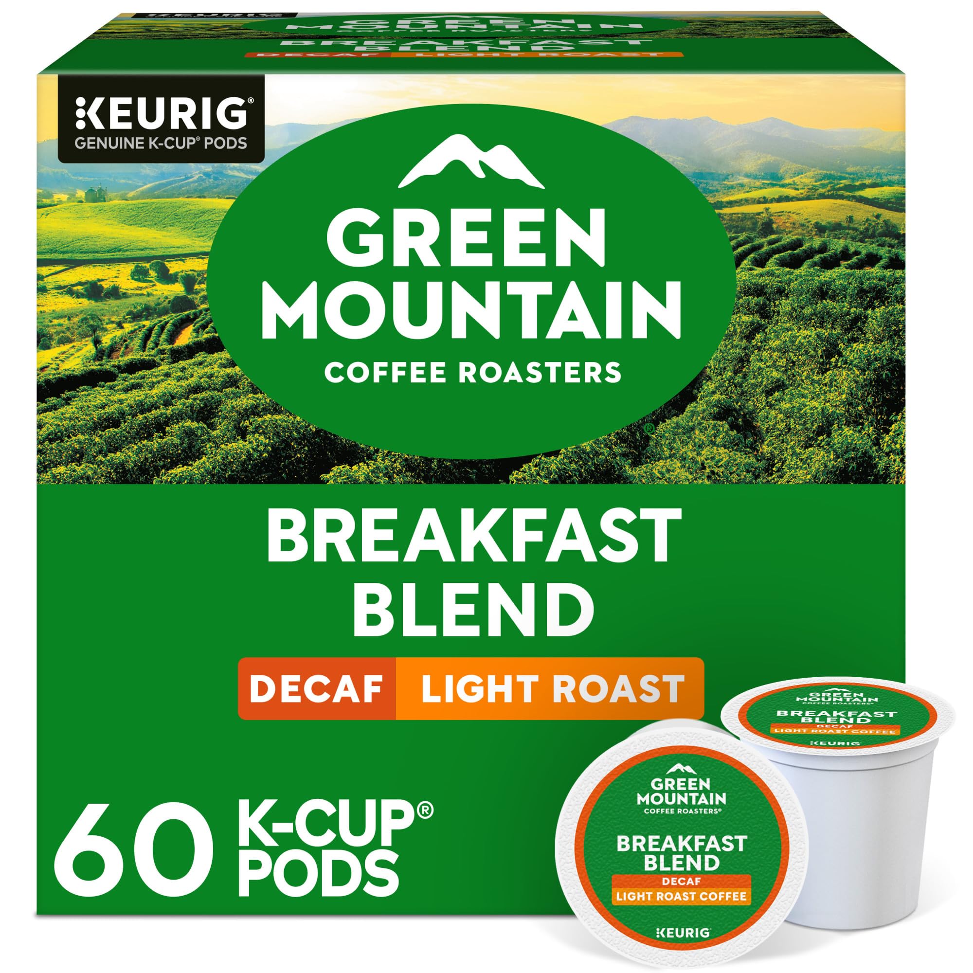 Green Mountain Coffee Roasters box front showing 60-count and light roast benefits