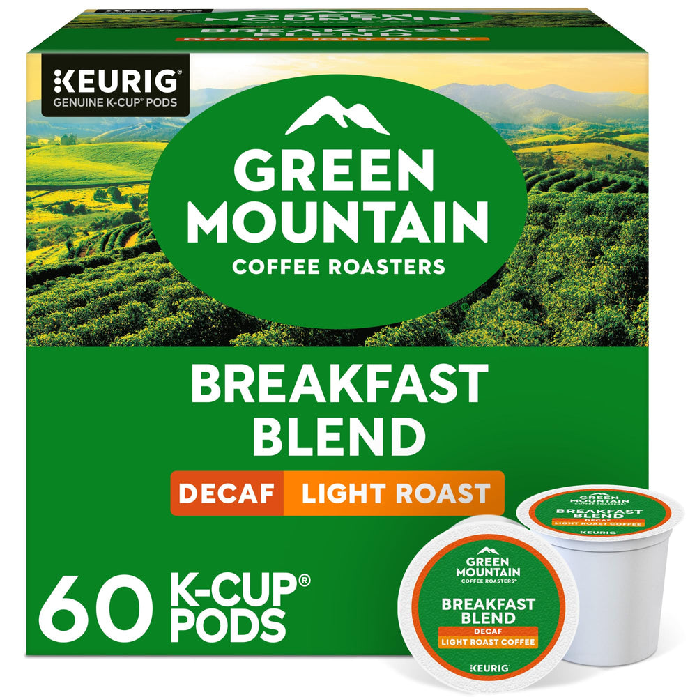 Green Mountain Coffee Roasters box front showing 60-count and light roast benefits