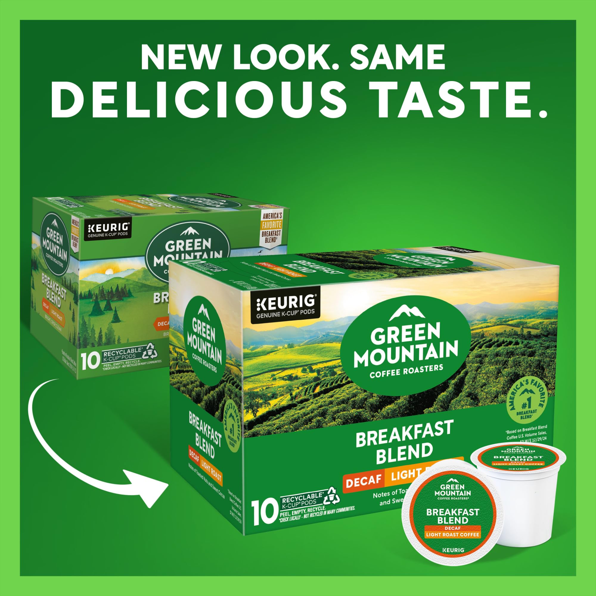 Green Mountain Breakfast Blend Decaf K-Cup pod top view highlighting pod design and easy use