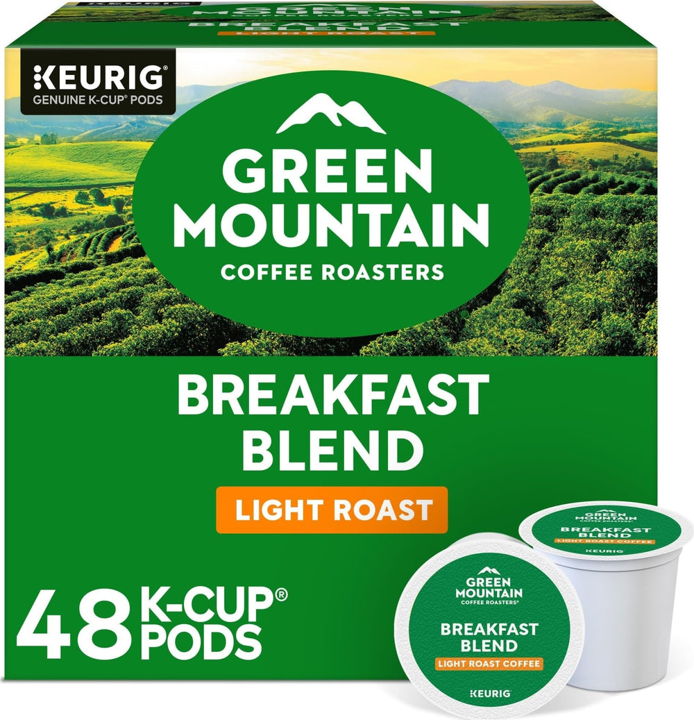 Green Mountain Coffee Roasters front box showing 48-count and light roast benefits