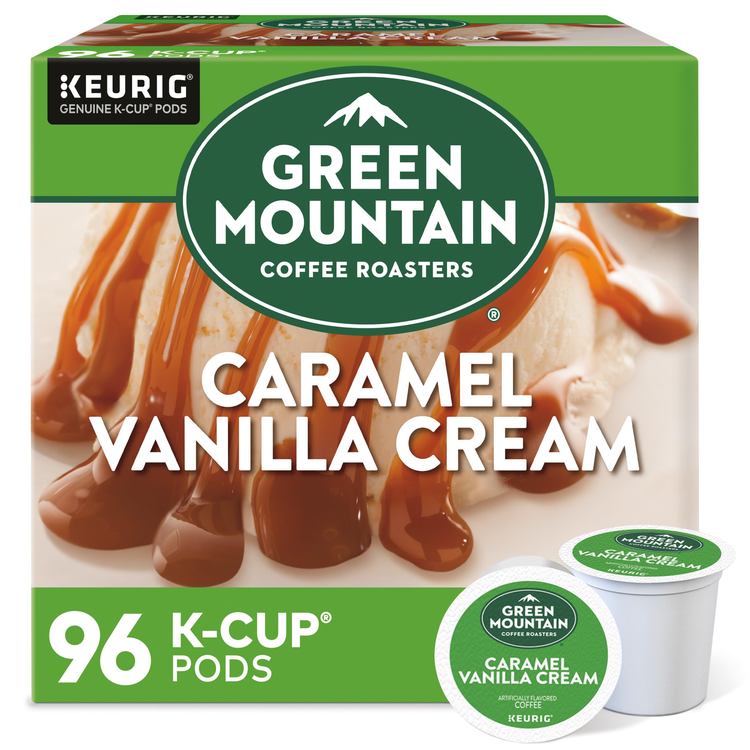 Green Mountain Coffee Roasters box front showing flavor and count, promotes convenience