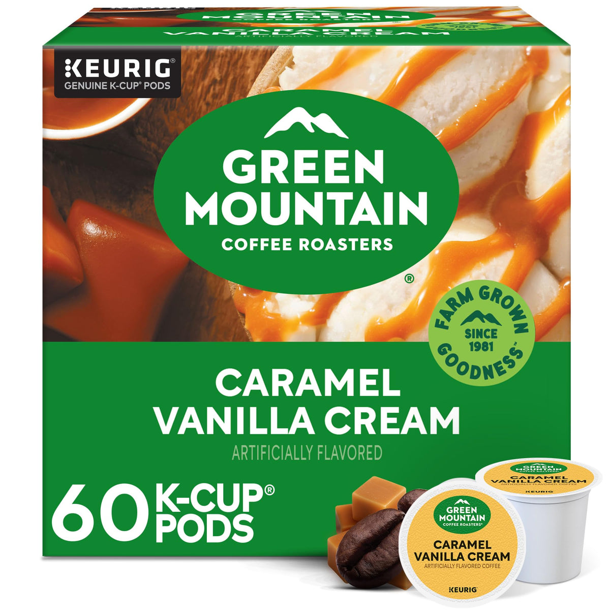 Green Mountain Coffee Roasters front packaging showing flavor and size benefit convenience