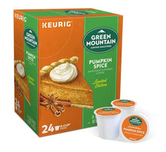 Green Mountain Coffee Roasters front packaging showing sealed 24-count Pumpkin Spice pods and convenience