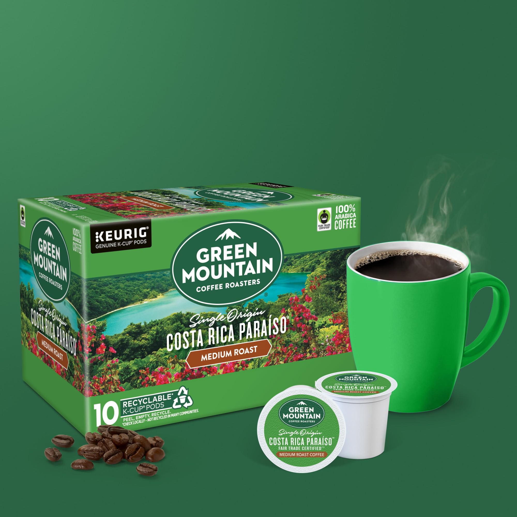 Green Mountain Coffee Roasters pods beside common items showing pack scale