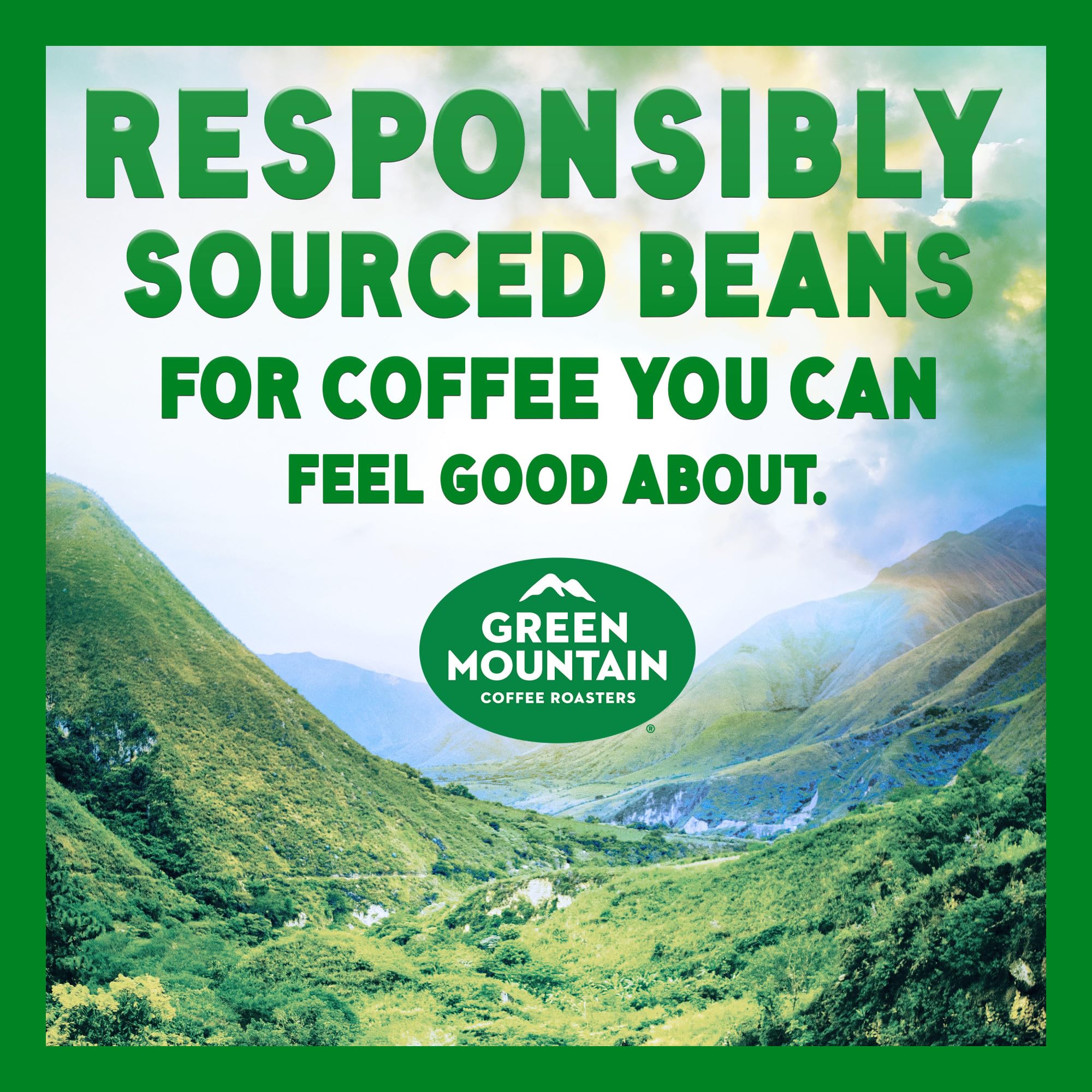 Green Mountain Coffee Roasters mug beside pods for scale and serving suggestion