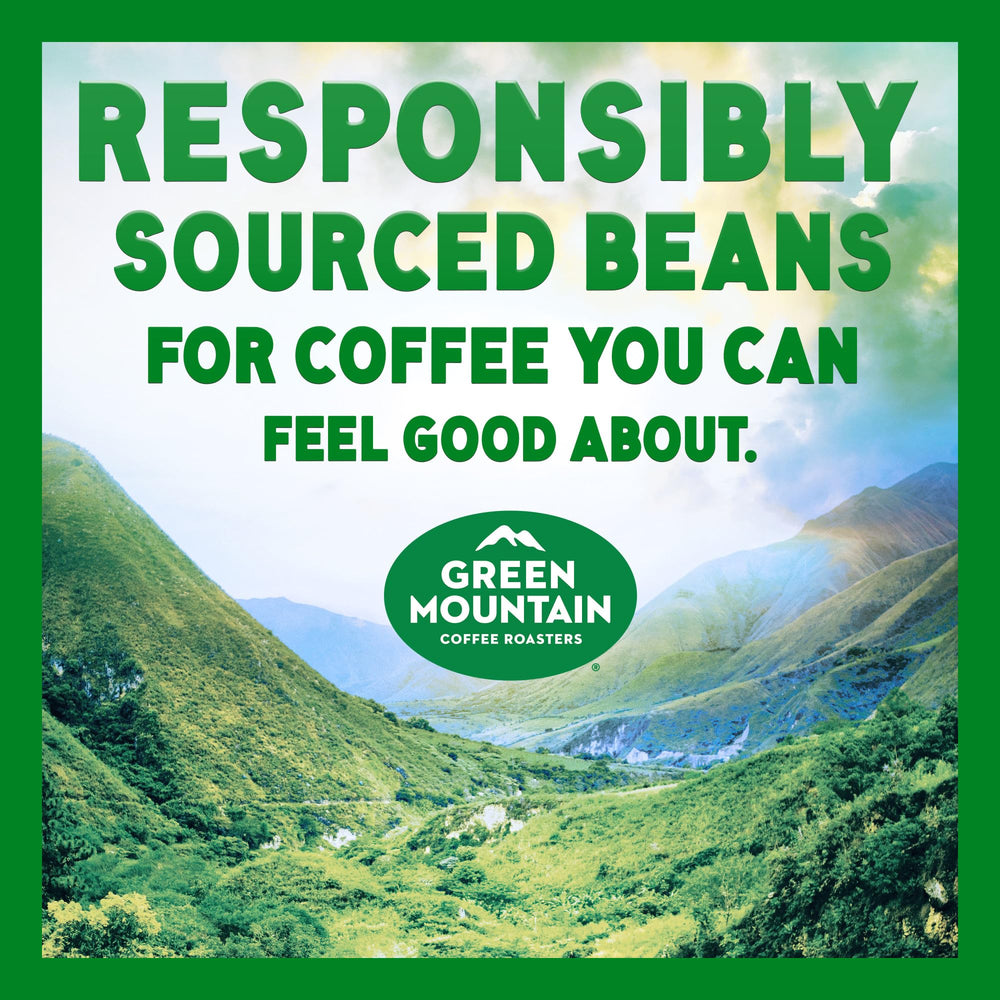 Green Mountain Coffee Roasters mug beside pods for scale and serving suggestion