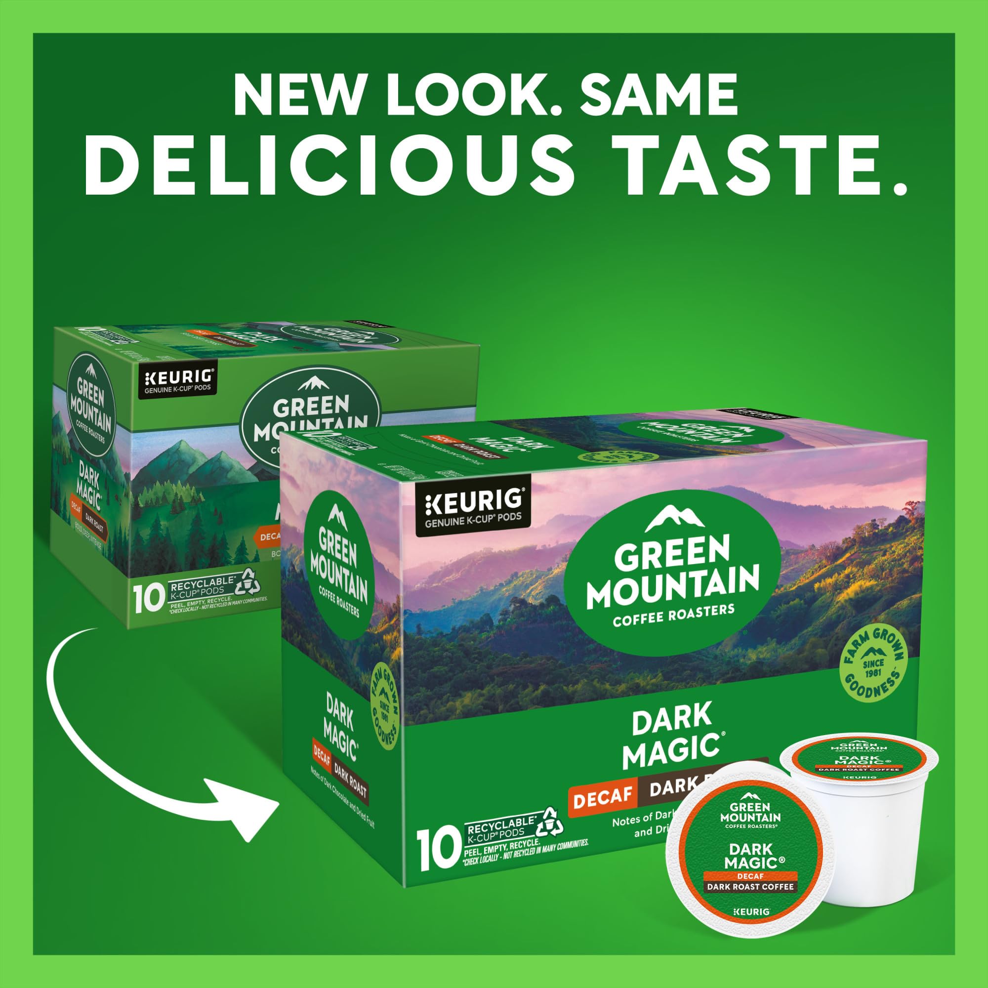 Green Mountain Coffee Roasters K‑Cup top view ready for Keurig brewer and fast brewing