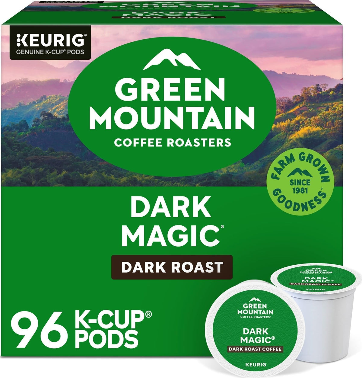 Green Mountain Coffee Roasters front box showing Dark Magic 96 count and bold branding
