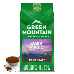 Green Mountain Coffee Roasters bag front showing Dark Magic branding and bold roast benefit