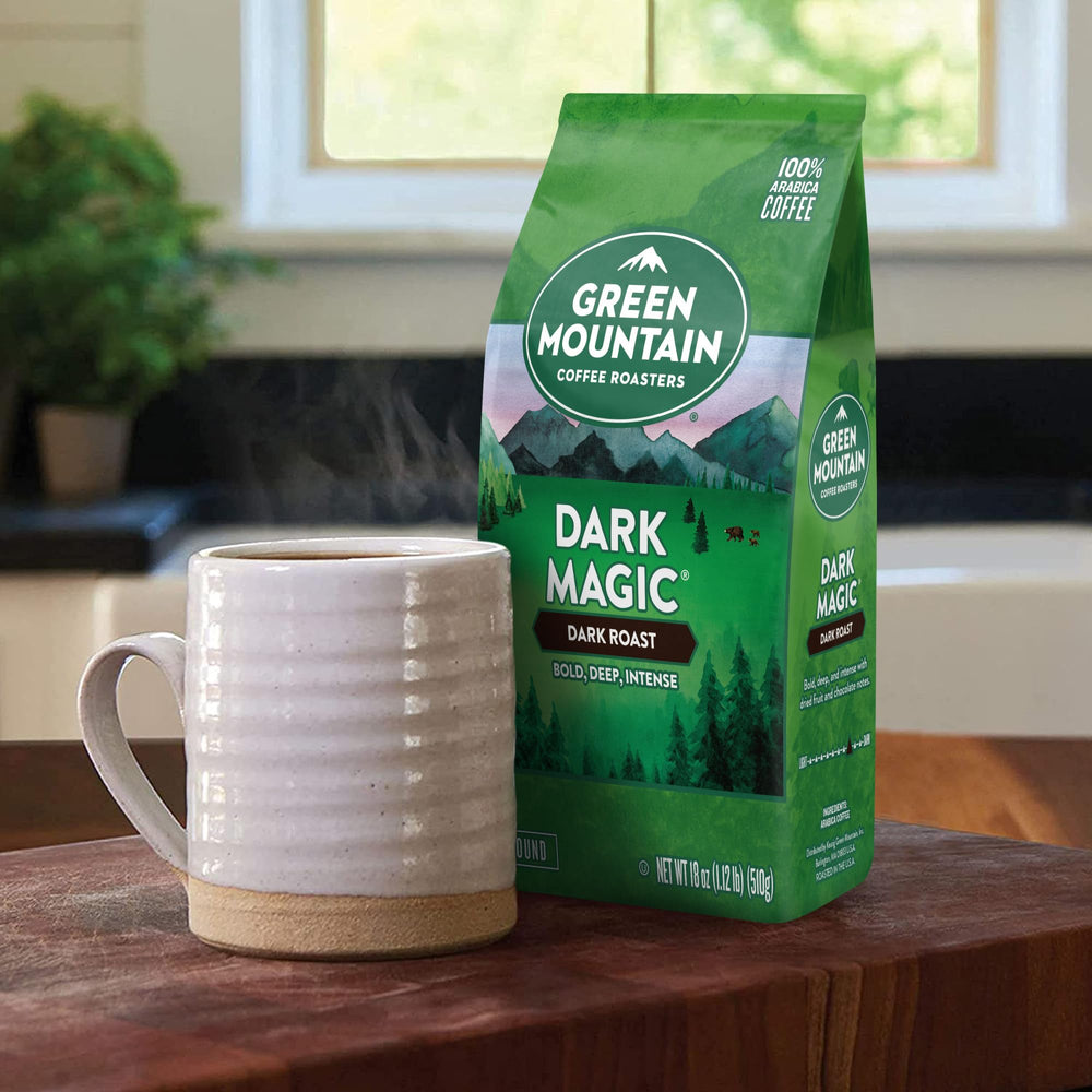 Green Mountain Coffee Roasters lifestyle scene on morning table suggesting ritual and energy