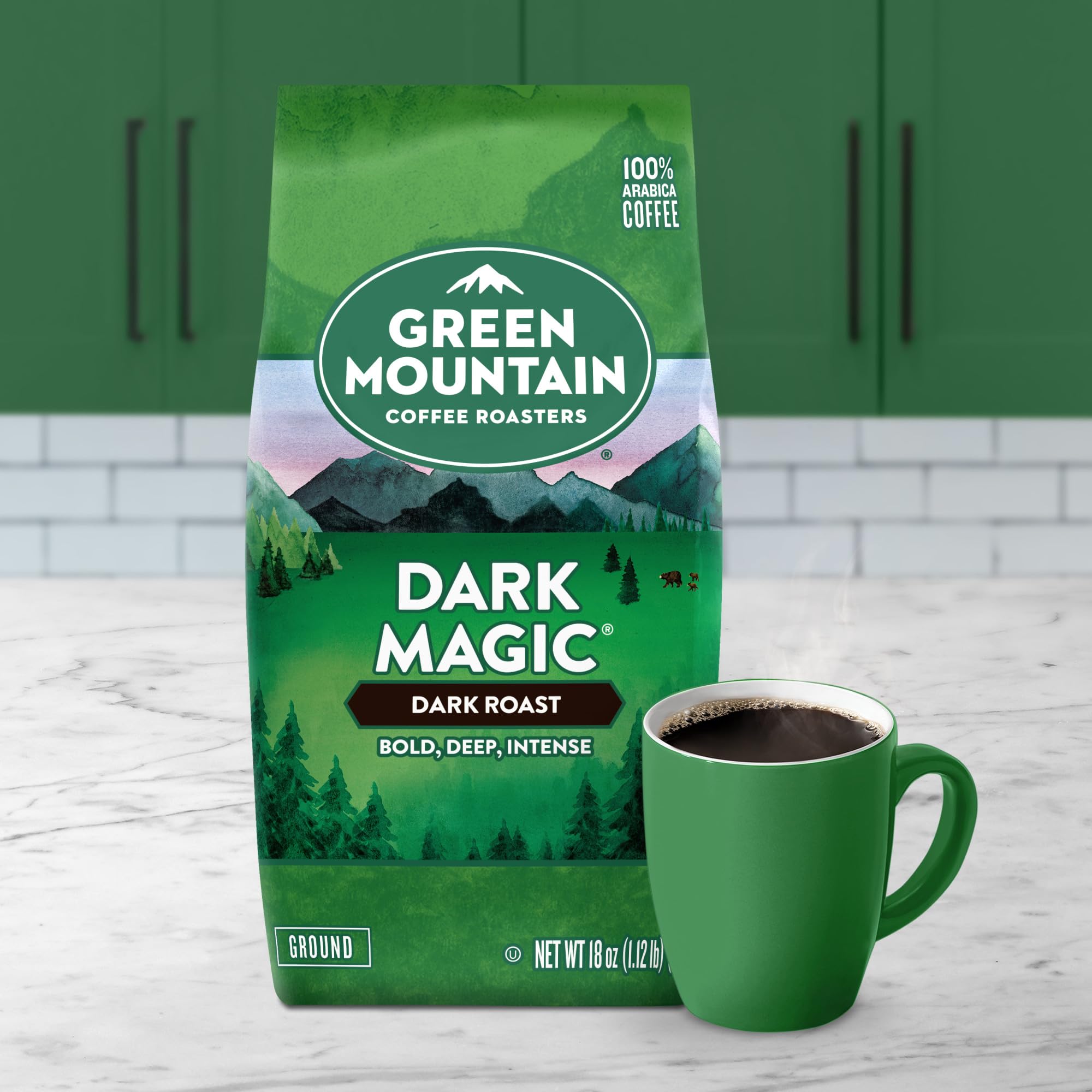 Green Mountain Coffee Roasters packaging detail with kosher and brand logos for trust