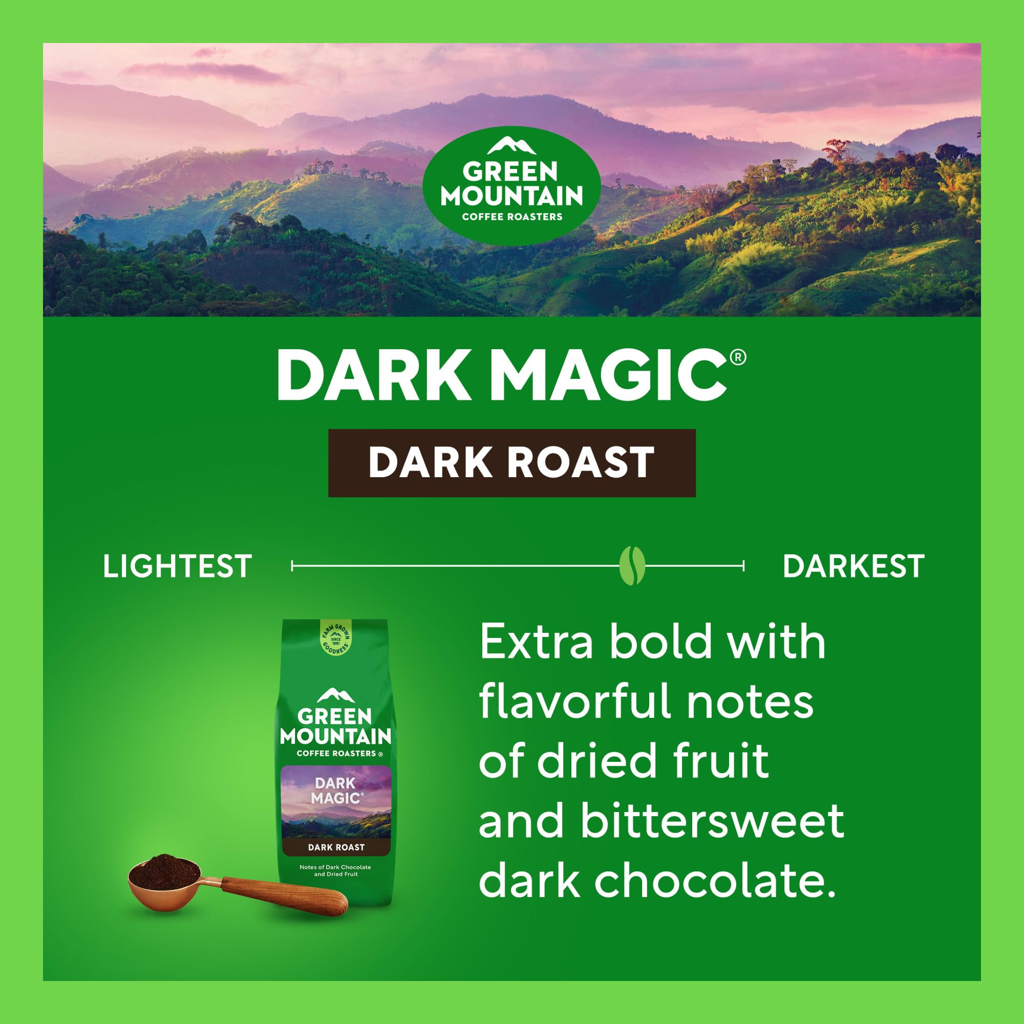 12 oz Dark Magic bag beside a ruler showing compact size and pantry convenience benefit