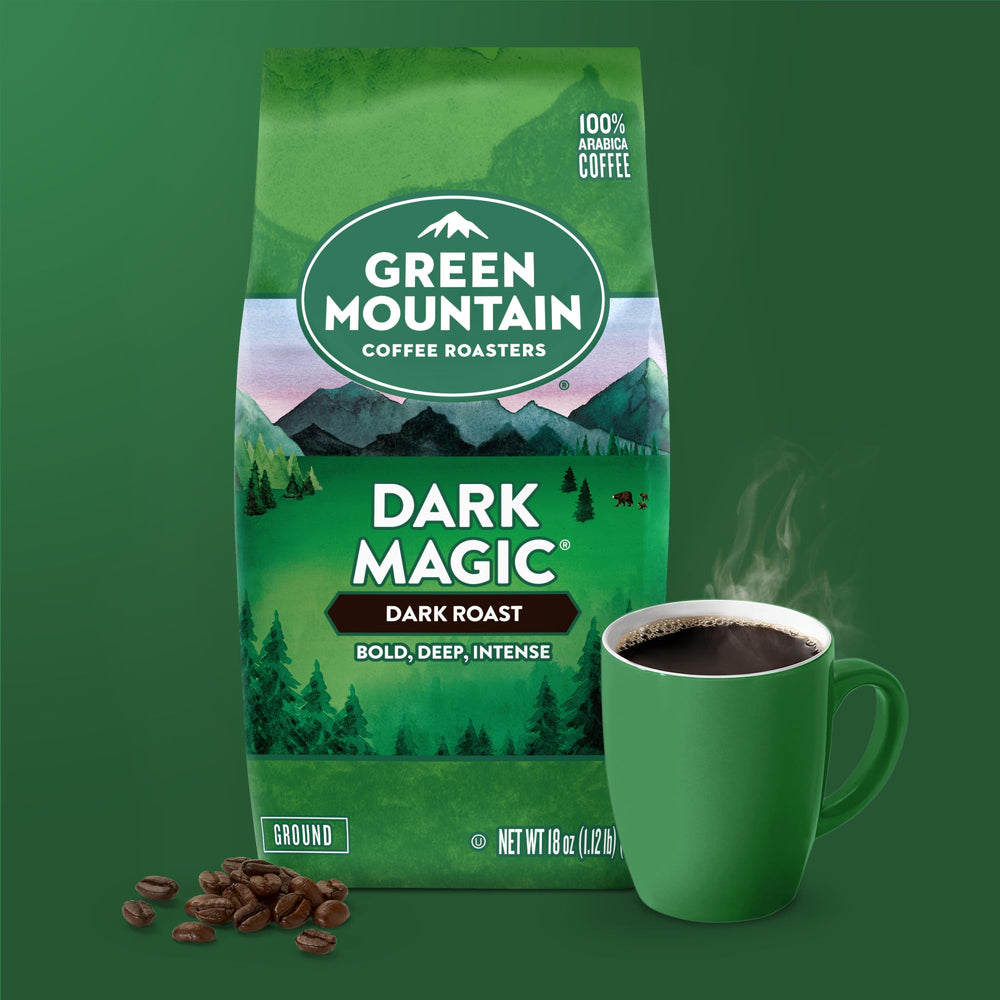 Green Mountain Coffee Roasters 18 oz bag next to common items to show true size benefit