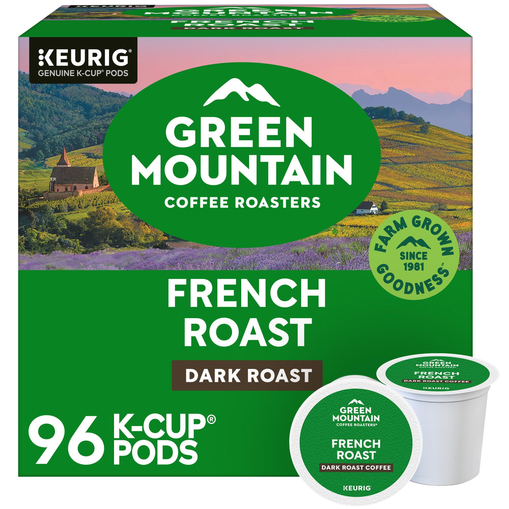Green Mountain Coffee Roasters front box showing 96-count and bold roast benefits